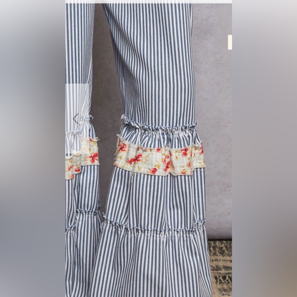POL Striped Blue and White Wide Leg Ruffled Overalls with Floral Accents - Picture 6 of 6